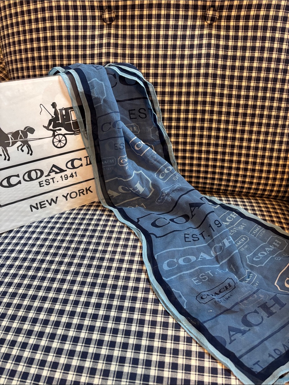 Coach silk scarf in subtle shades of blue